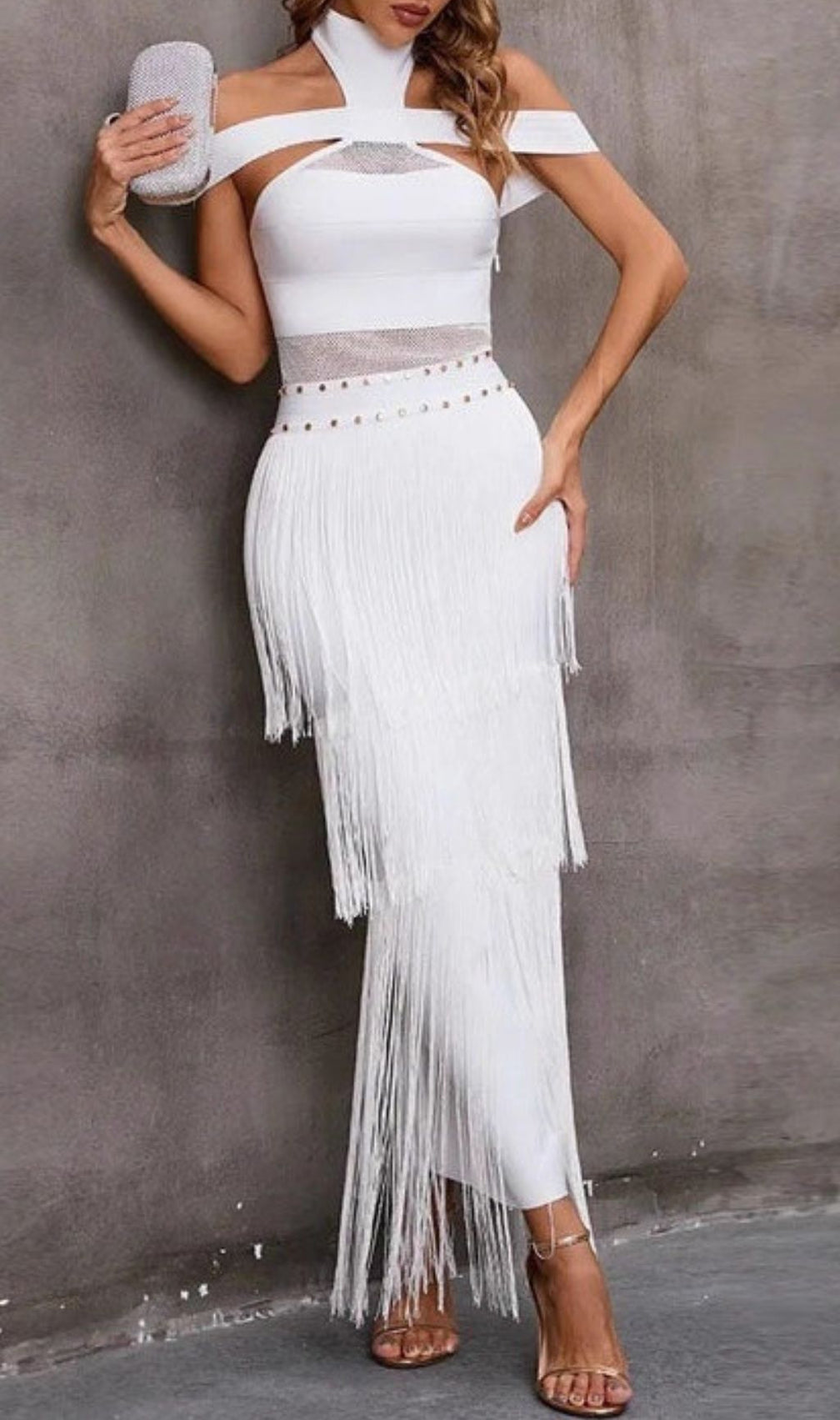 Glamorous White Halterneck Bandage Fringe Midi Dress - Mesh Detail Party Bodycon