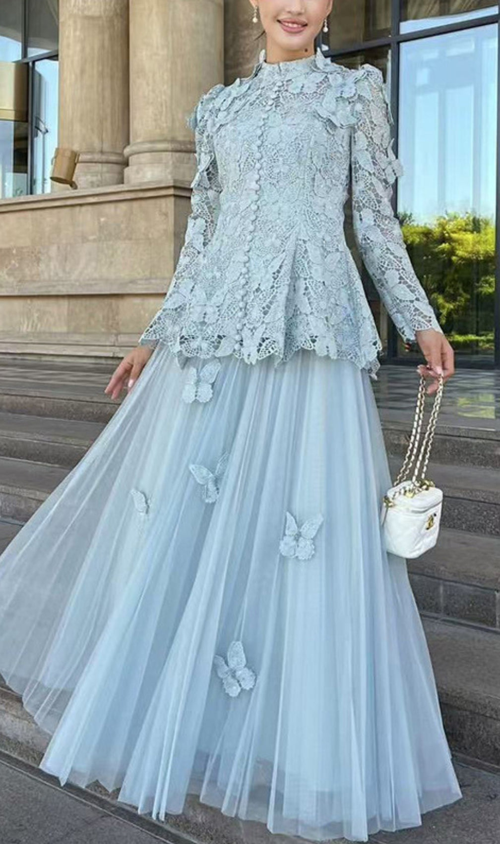 Ceyla Flower Embroidery Mesh Skirt Set