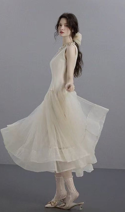 Sleeveless Midi Dress with Tulle Skirt and Pearl Embellished Collar - Ivoire
