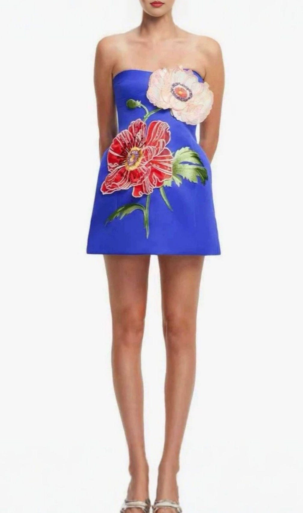 Lailah Blue Strapless Flower Mini Dress