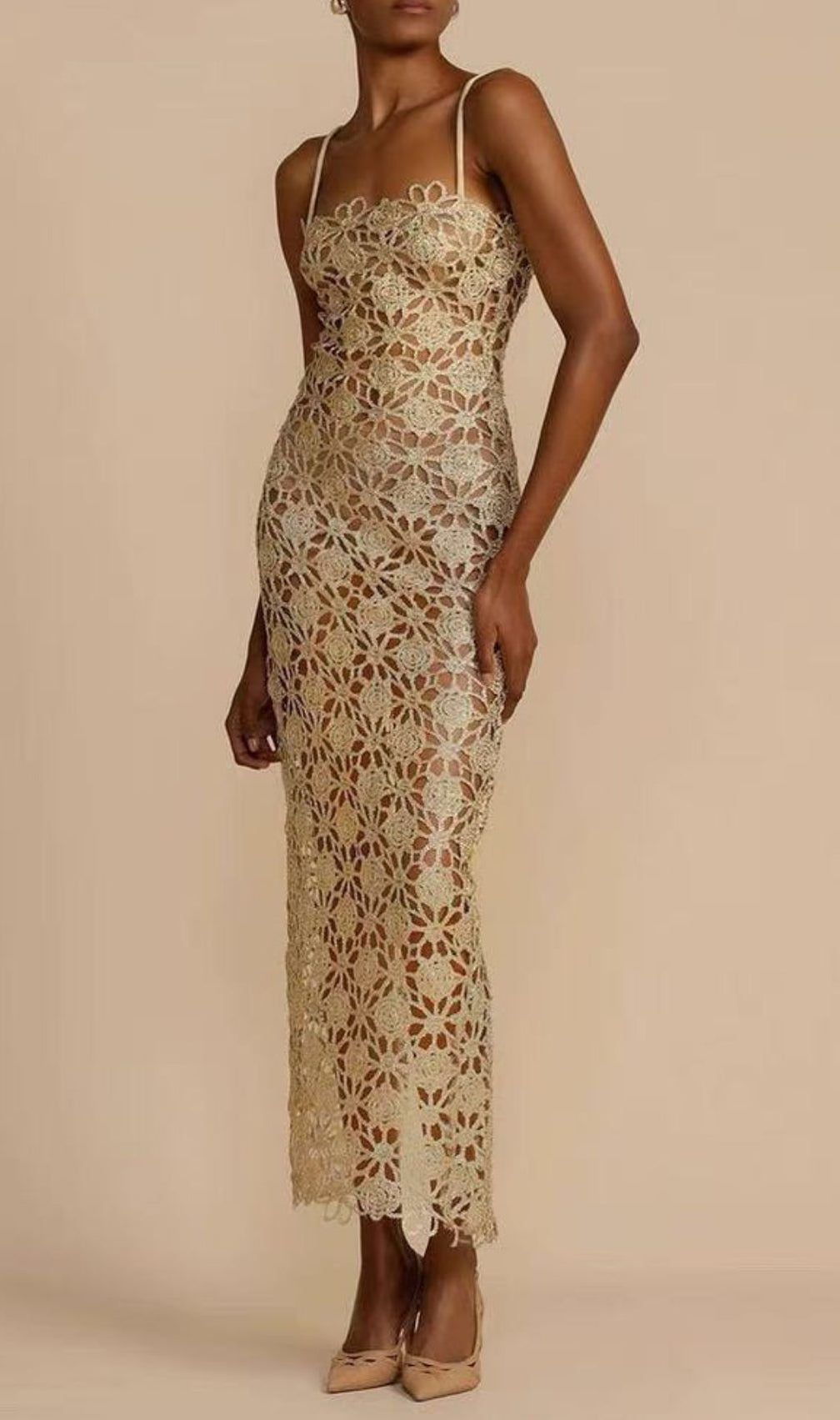 Kakalina Golden Crochet Maxi Dress - Strappy Hollow Out Evening Gown
