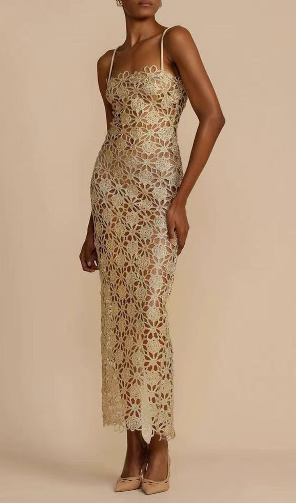 Kakalina Golden Crochet Maxi Dress - Strappy Hollow Out Evening Gown
