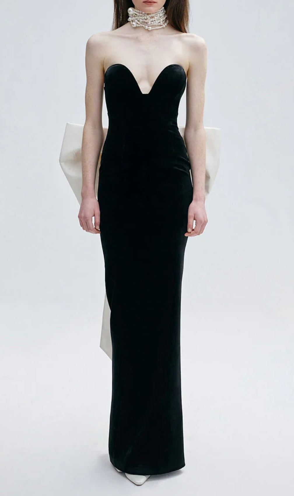 Strapless Bustier Bow Detail Maxi Dress Black White