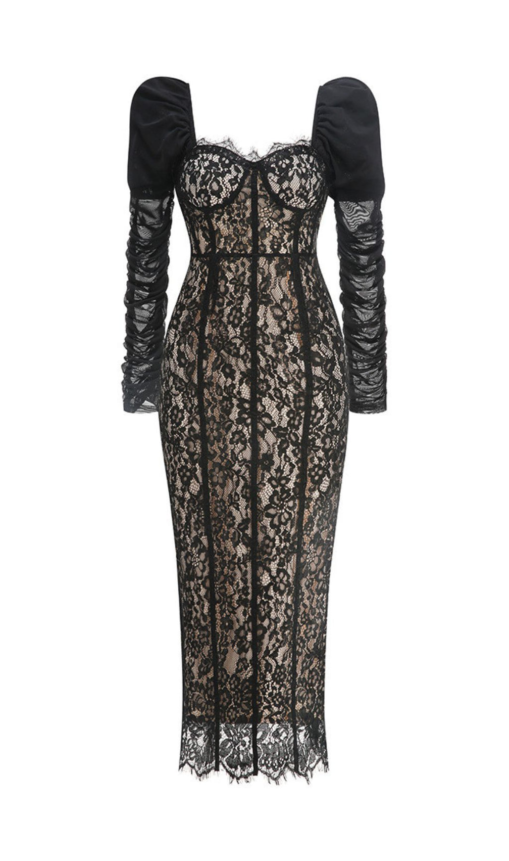Jordane Black Lace Long Sleeve Maxi Dress - Elegant Evening Gown for Women