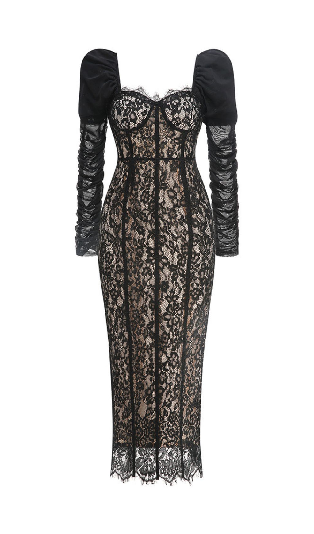 Jordane Black Lace Long Sleeve Maxi Dress - Elegant Evening Gown for Women
