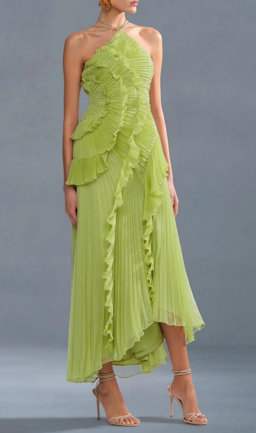Finneas Matcha Green Halter Pleated Ruffle Maxi Dress - Elegant Resort & Event Gown