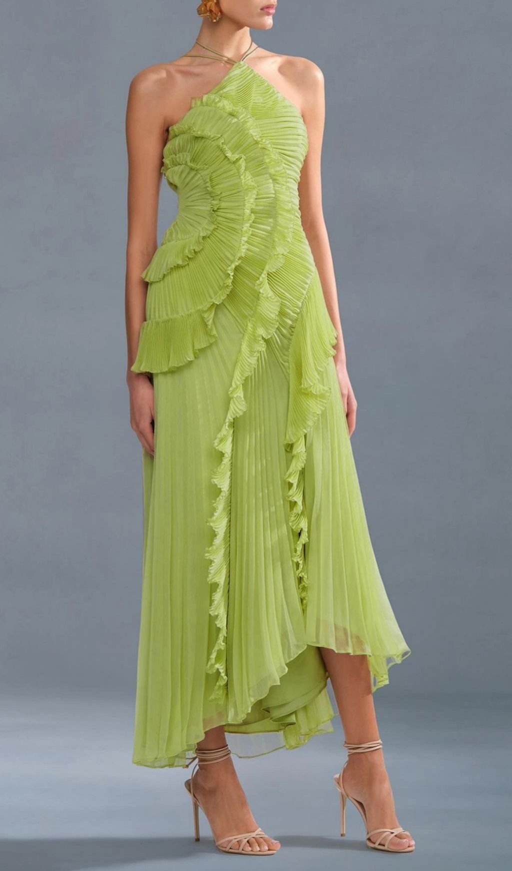 Finneas Matcha Green Halter Pleated Ruffle Maxi Dress - Elegant Resort & Event Gown