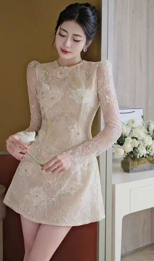 AMY Elegant Beige Floral Lace Mini Dress | Puffed Long Sleeve & Sheer Appliques