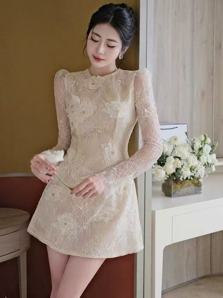 AMY Elegant Beige Floral Lace Mini Dress | Puffed Long Sleeve & Sheer Appliques