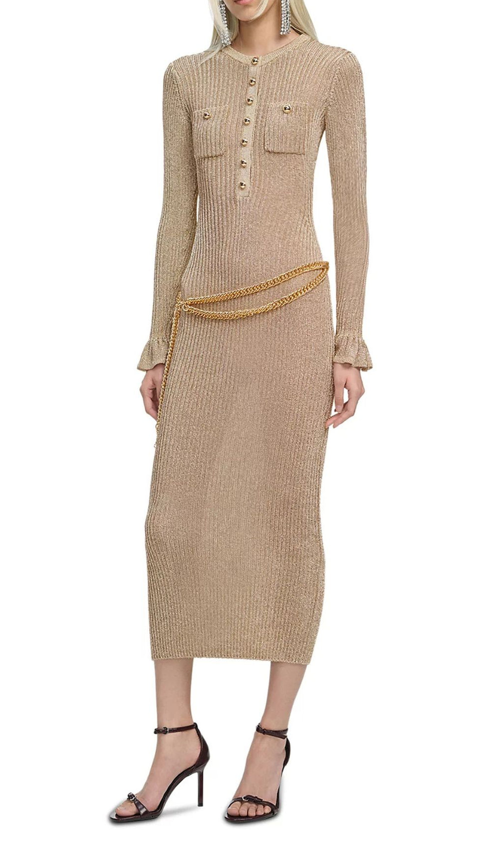 Shimmering Gold Ribbed Knit Midi Dress with Chic Chain Belt