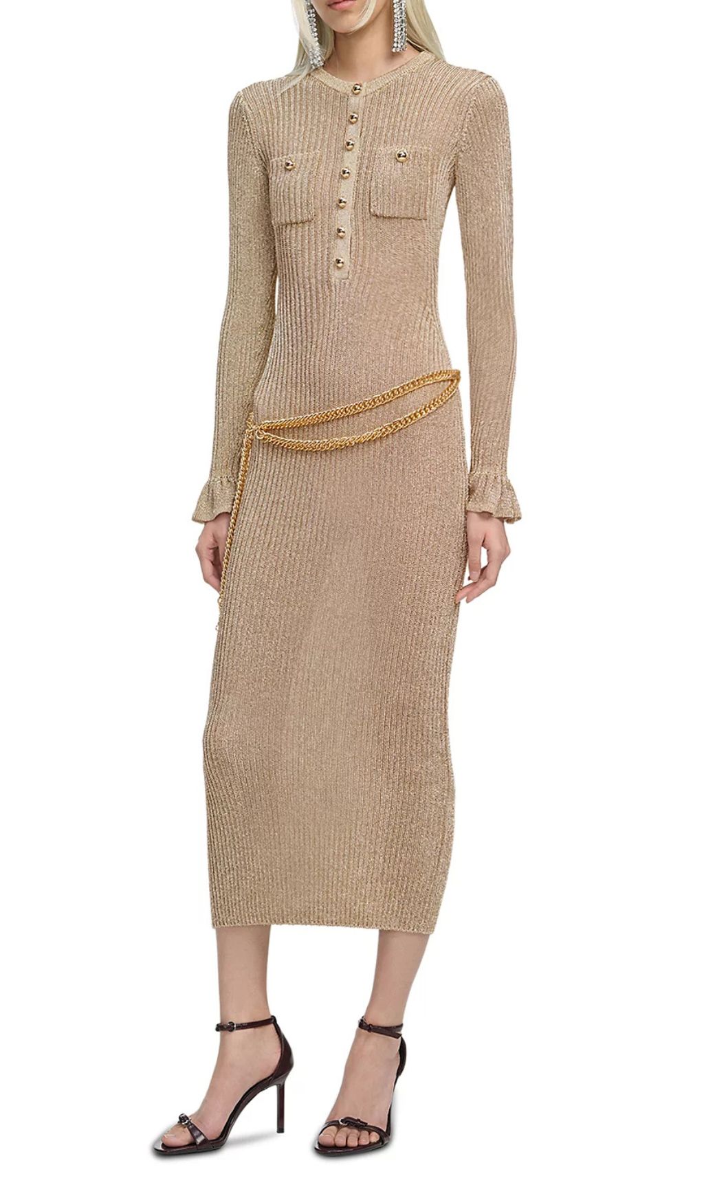 Shimmering Gold Ribbed Knit Midi Dress with Chic Chain Belt