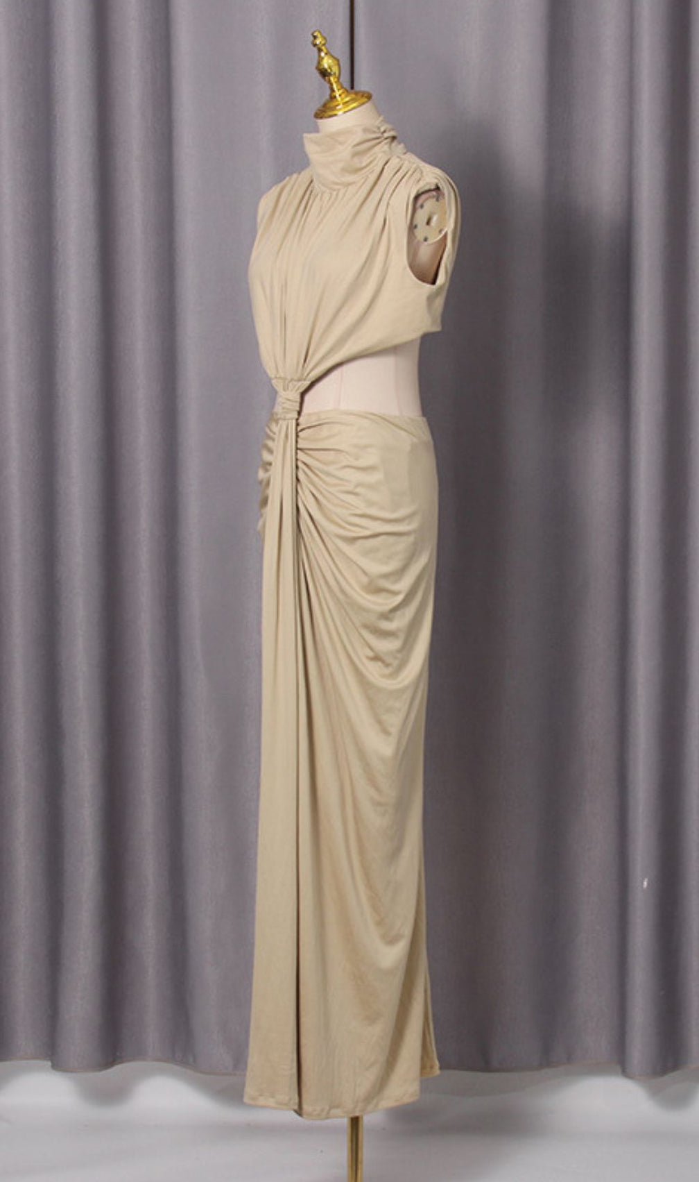 Itxaro Khaki Halter Cutout Maxi Dress: Modern Bohemian Glamour