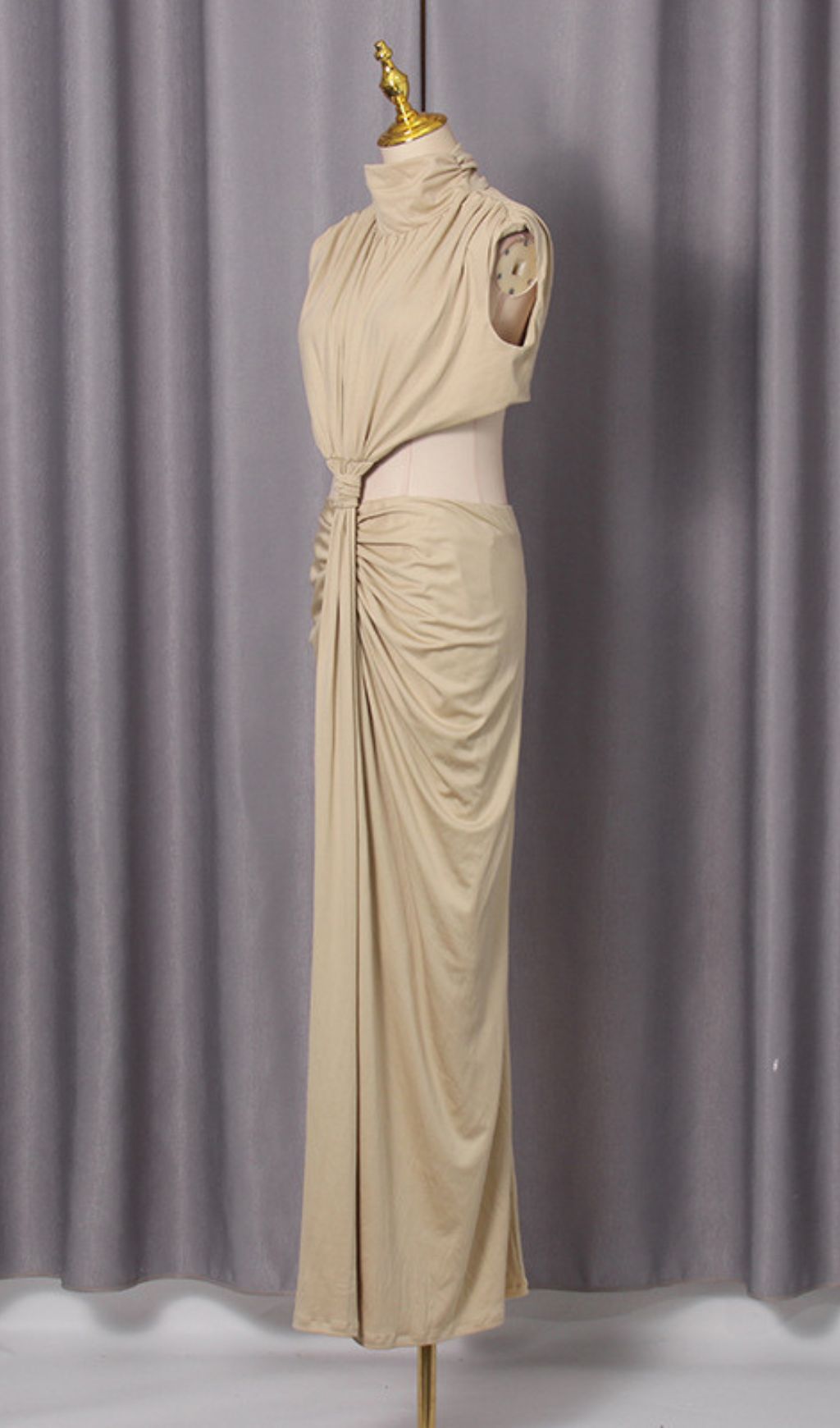 Itxaro Khaki Halter Cutout Maxi Dress: Modern Bohemian Glamour