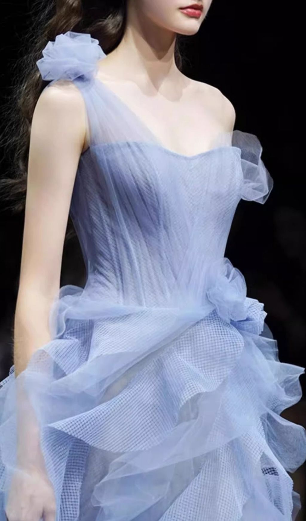 Kumiko Blue One-Shoulder Flower Mesh Maxi Dress