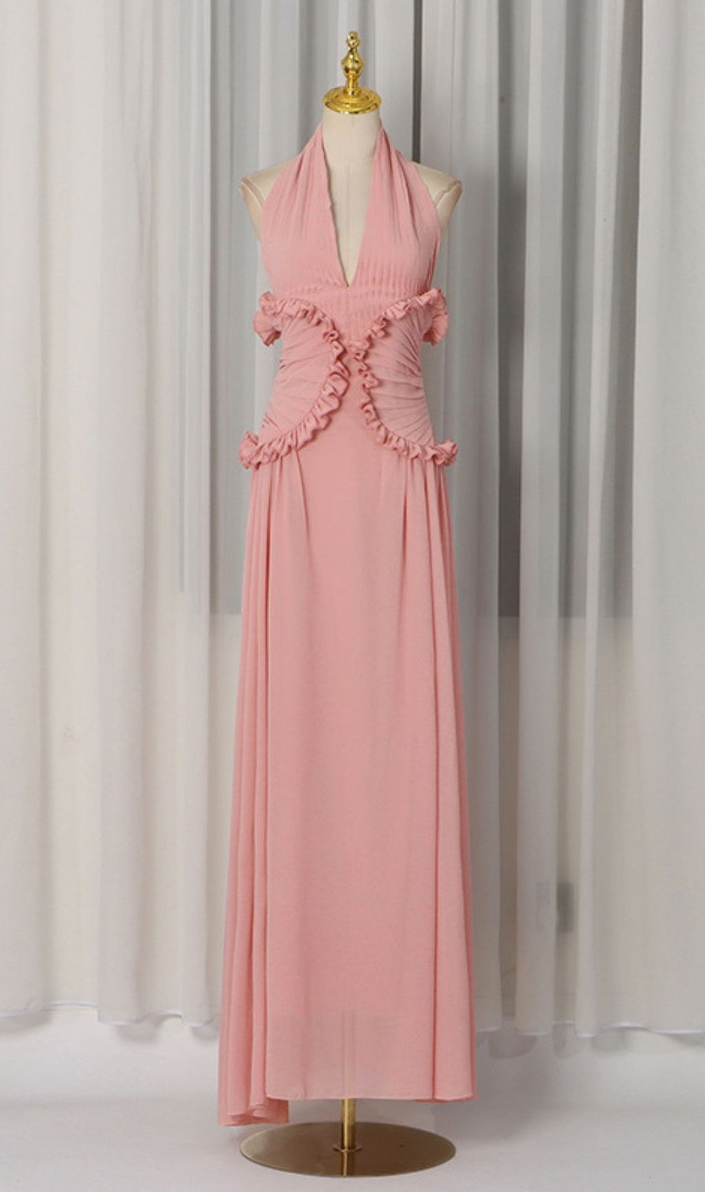 Kallisto Halter Pleated Maxi Dress: Vibrant Orange Evening Gown for Galas & Events