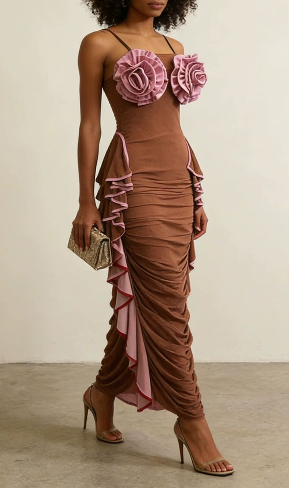 Keziah Enchanting 3D Rose Ruched Maxi Dress - White & Red Elegance