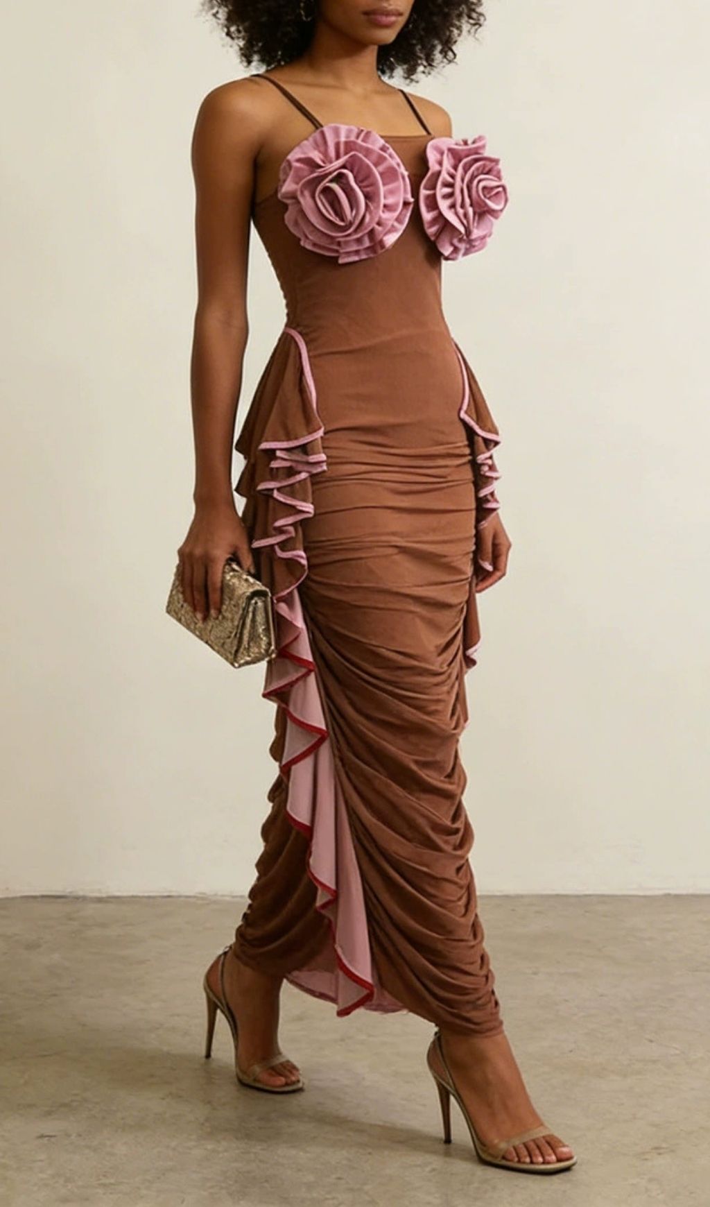 Keziah Enchanting 3D Rose Ruched Maxi Dress - White & Red Elegance