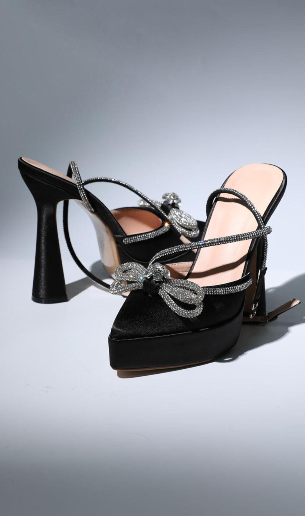 Bow Crystal Satin Heels In Black