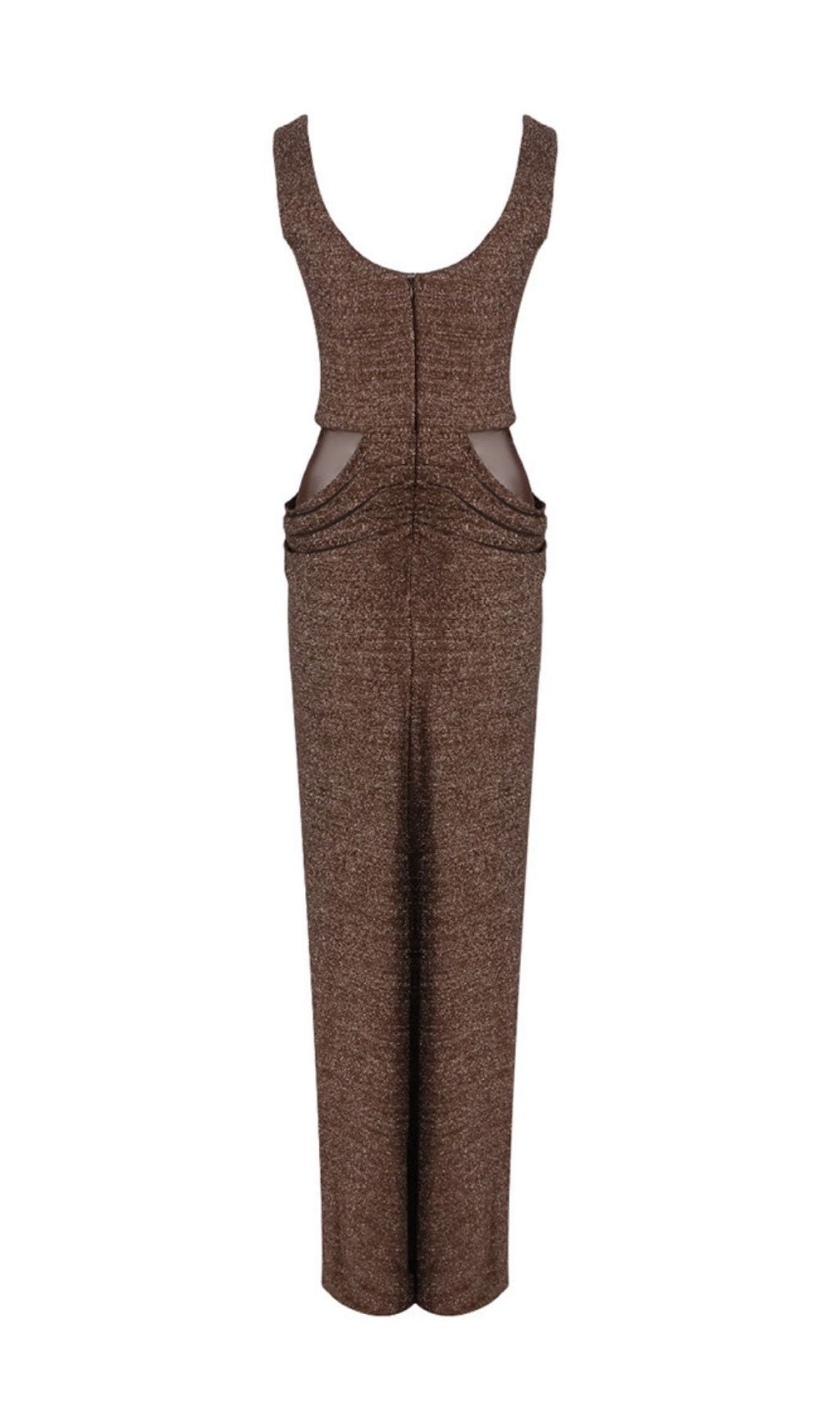 Kat Brown Shimmering Sequin Ruched Maxi Gown with Elegant Sheer Drape