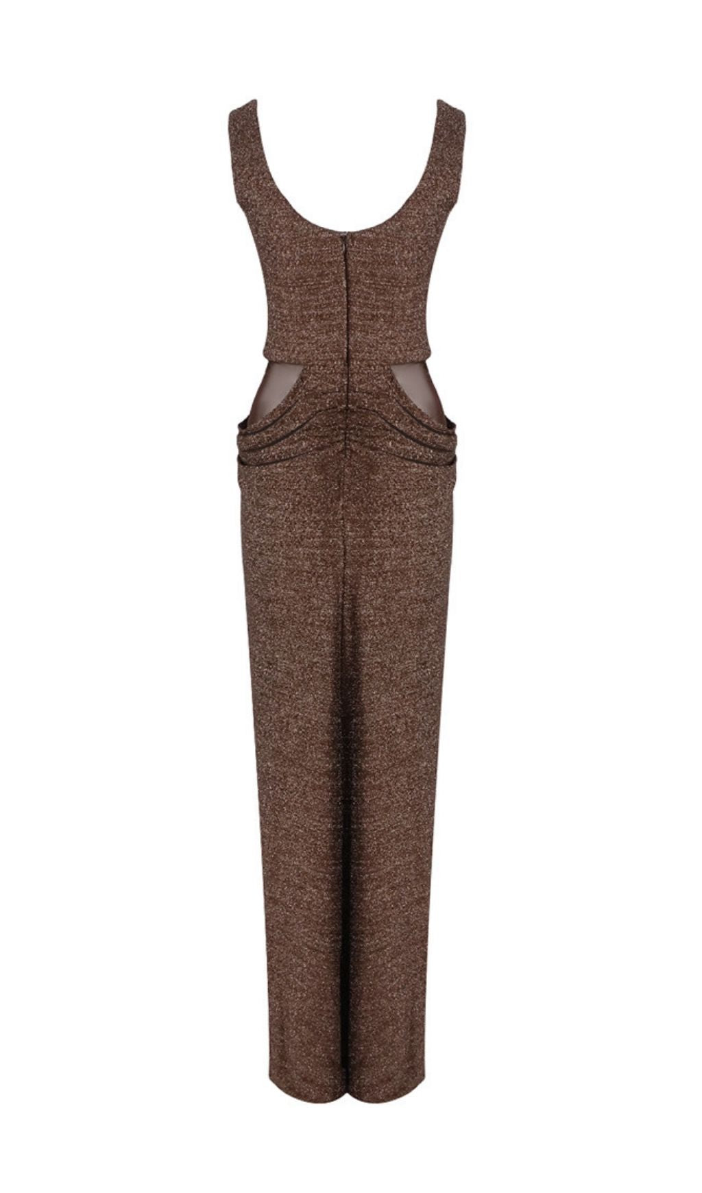 Kat Brown Shimmering Sequin Ruched Maxi Gown with Elegant Sheer Drape