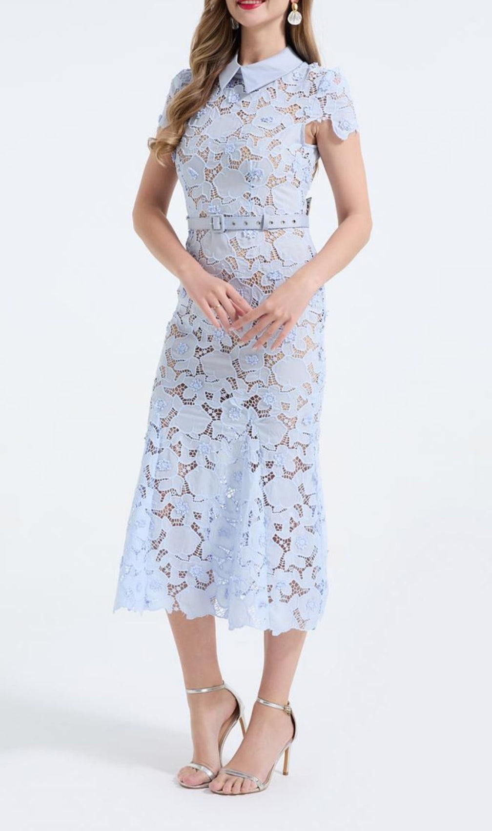 Kennita Blue Floral Lace Midi Dress | Timeless Elegance for Special Occasions