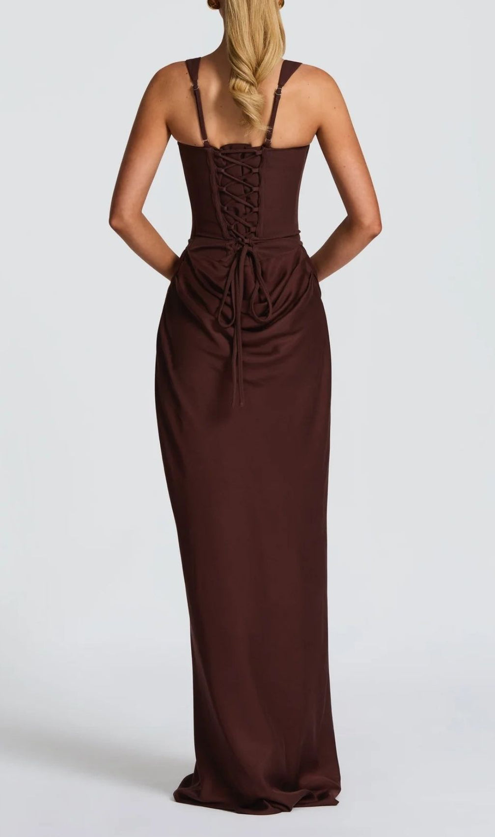 Keelia Luxe Brown Corset Maxi Dress | Elegant Ruched Gown for Special Occasions