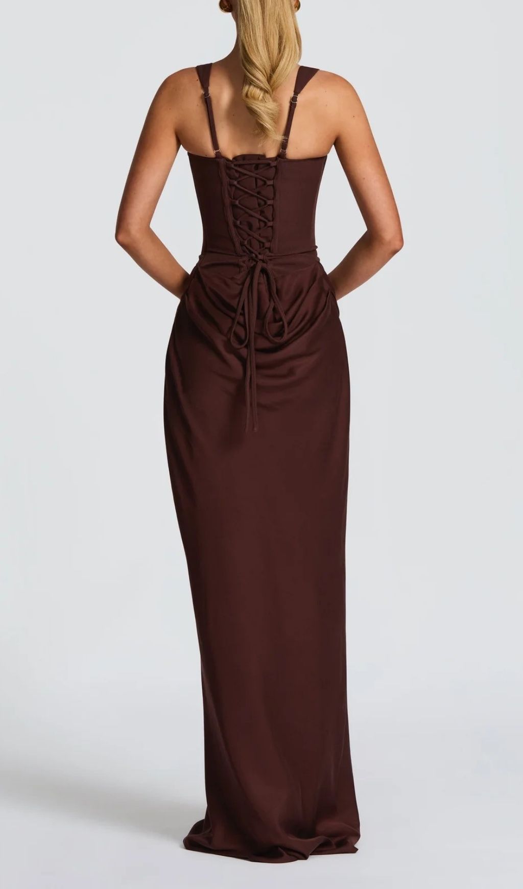 Keelia Luxe Brown Corset Maxi Dress | Elegant Ruched Gown for Special Occasions