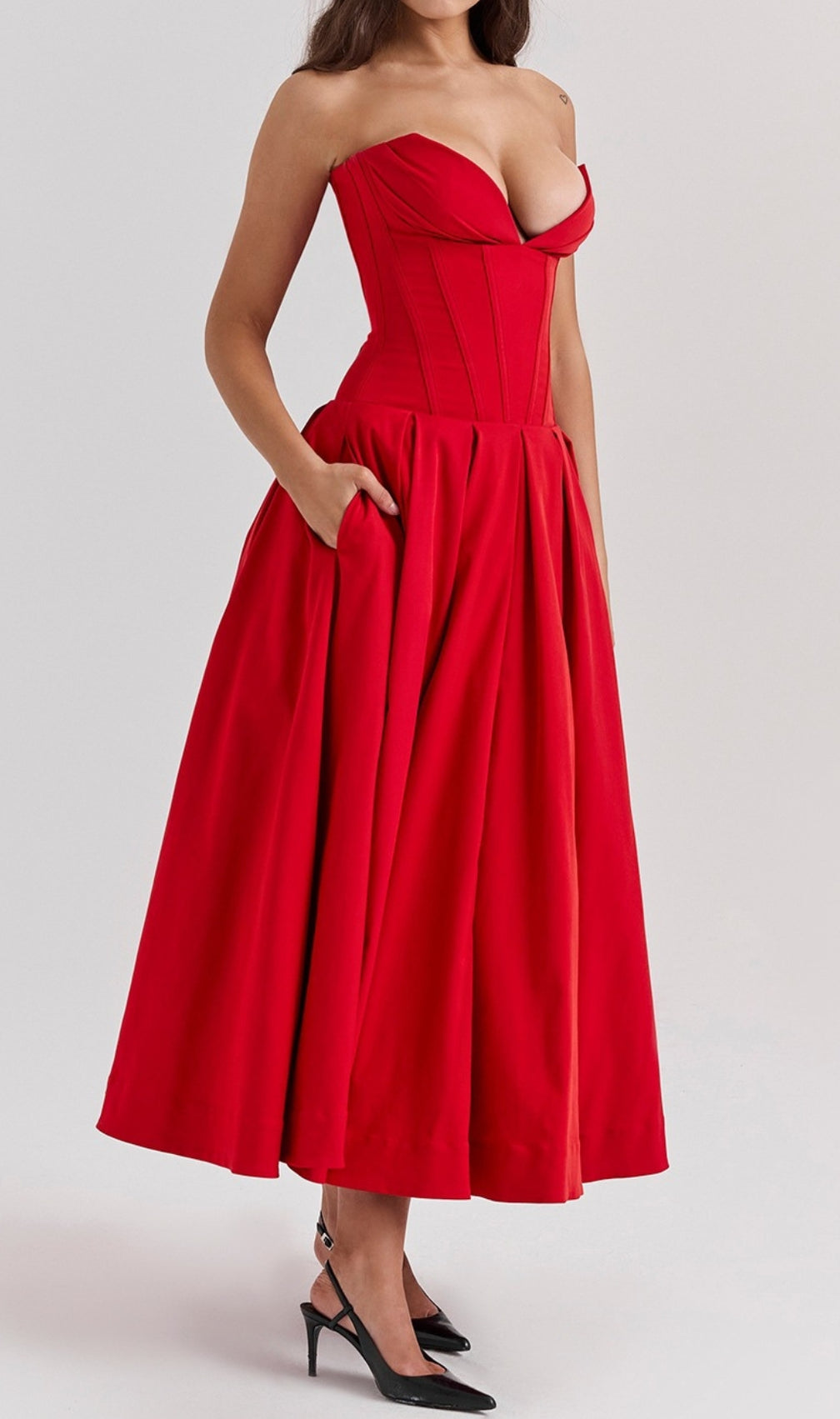 Devani Red Strapless Corset Midi Dress