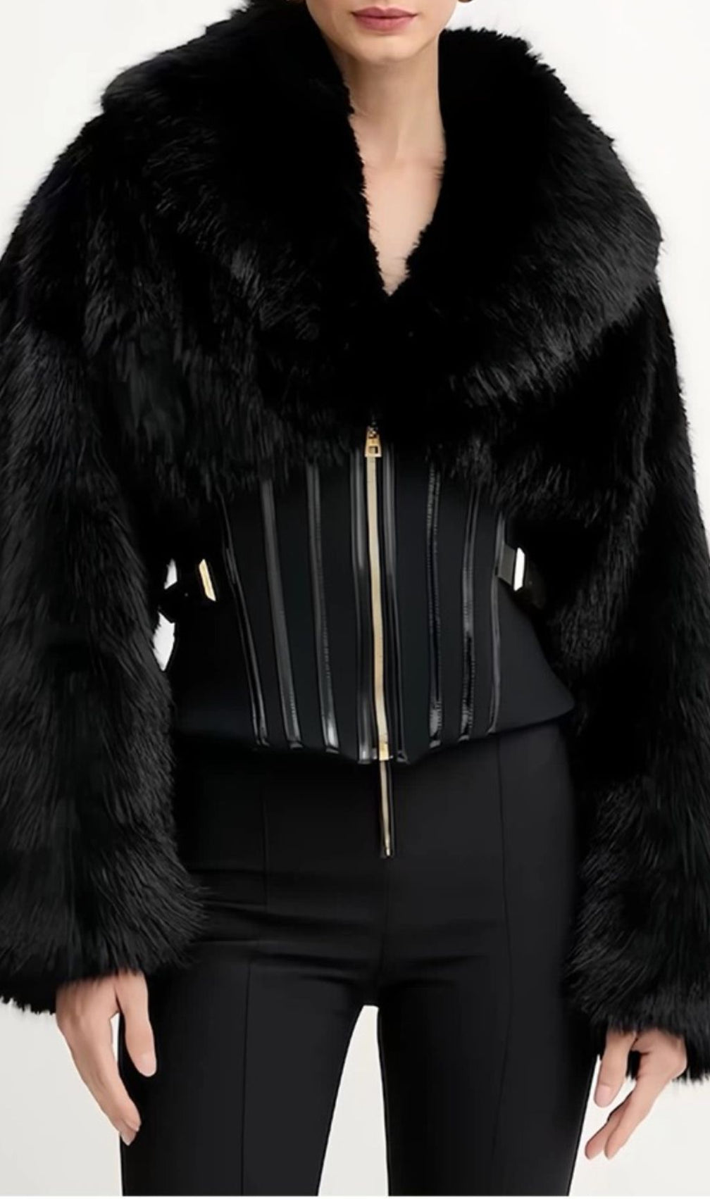 Iokina Black Faux Fur Corset Jacket | Luxe Statement Outerwear for Women