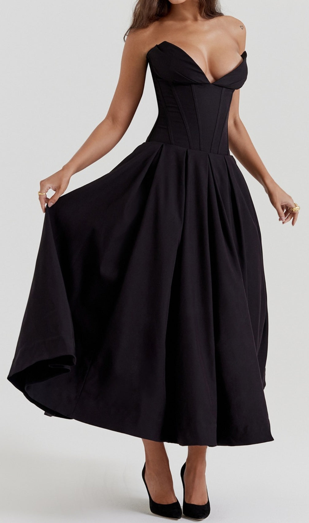 Devani Black Strapless Corset Midi Dress