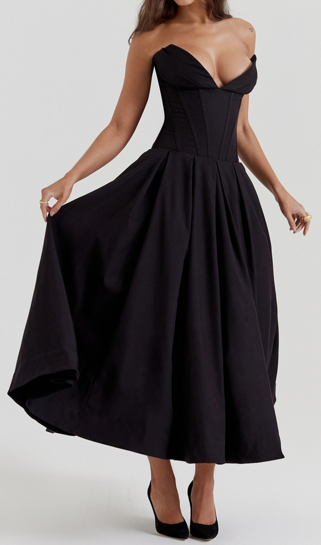 Devani Black Strapless Corset Midi Dress