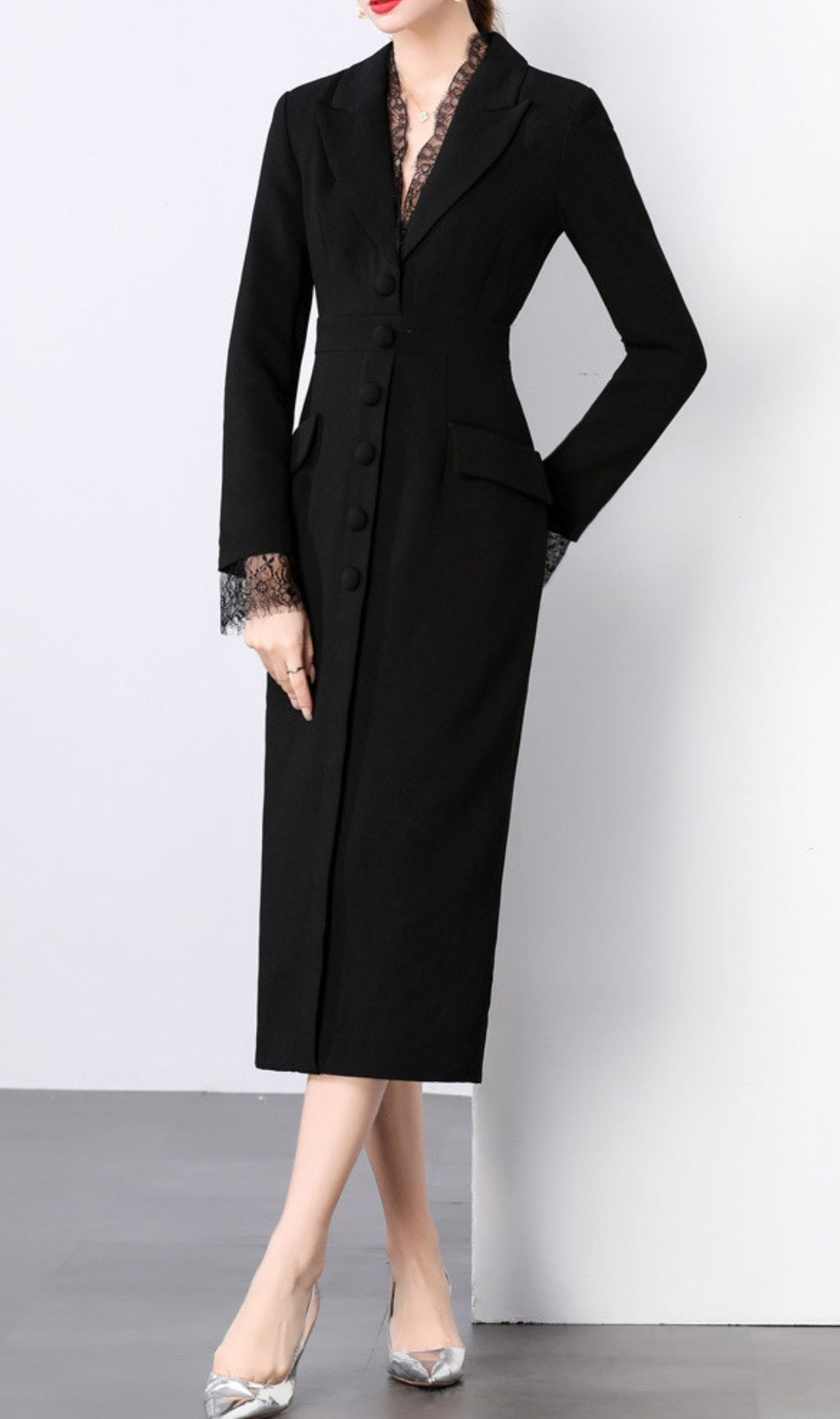 Chic Long Sleeve Blazer Midi Dress with Delicate Lace Trim