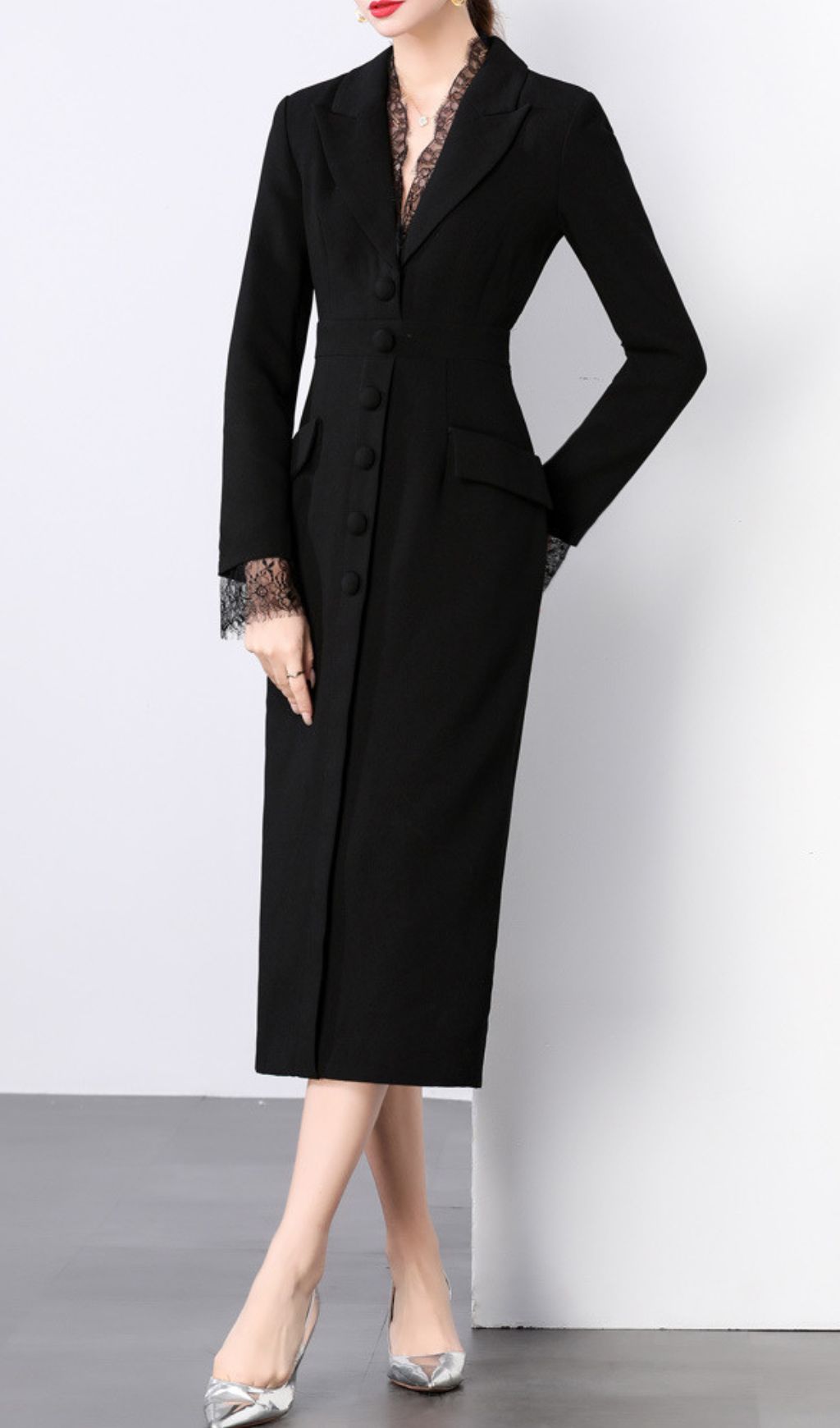 Chic Long Sleeve Blazer Midi Dress with Delicate Lace Trim