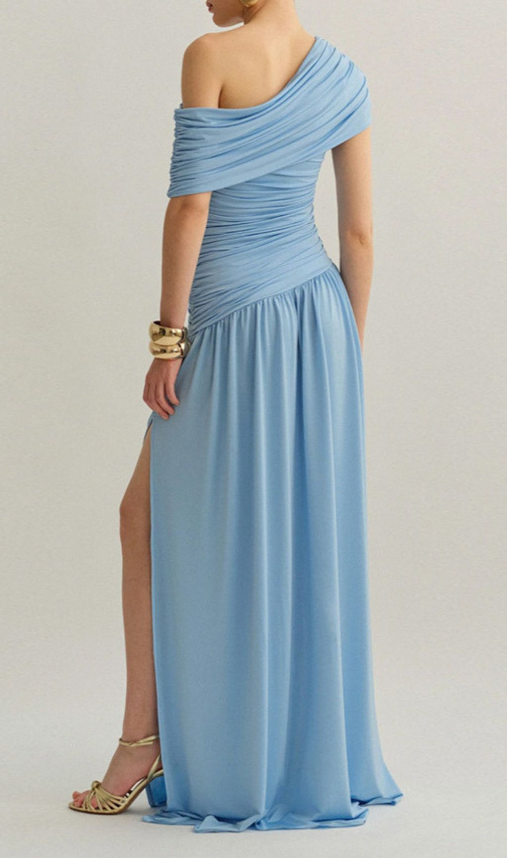 Josefa Sky Blue Ruched Off-Shoulder Maxi Dress with High Slit