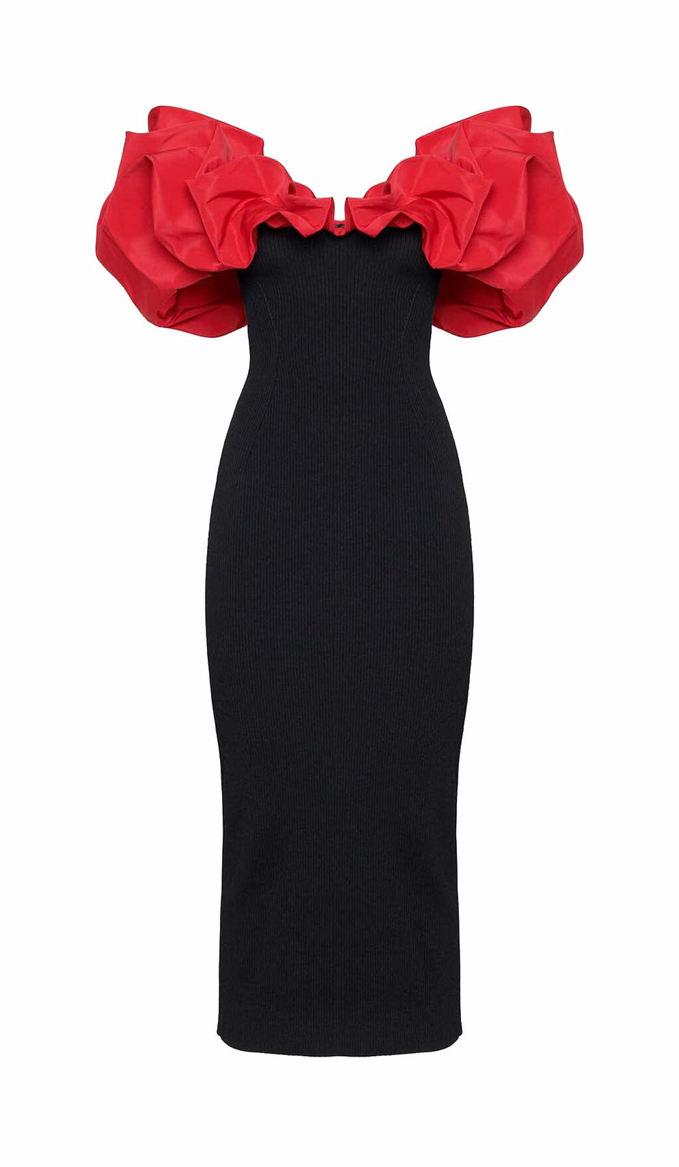 Ruffled Pencil Midi Dress In Black