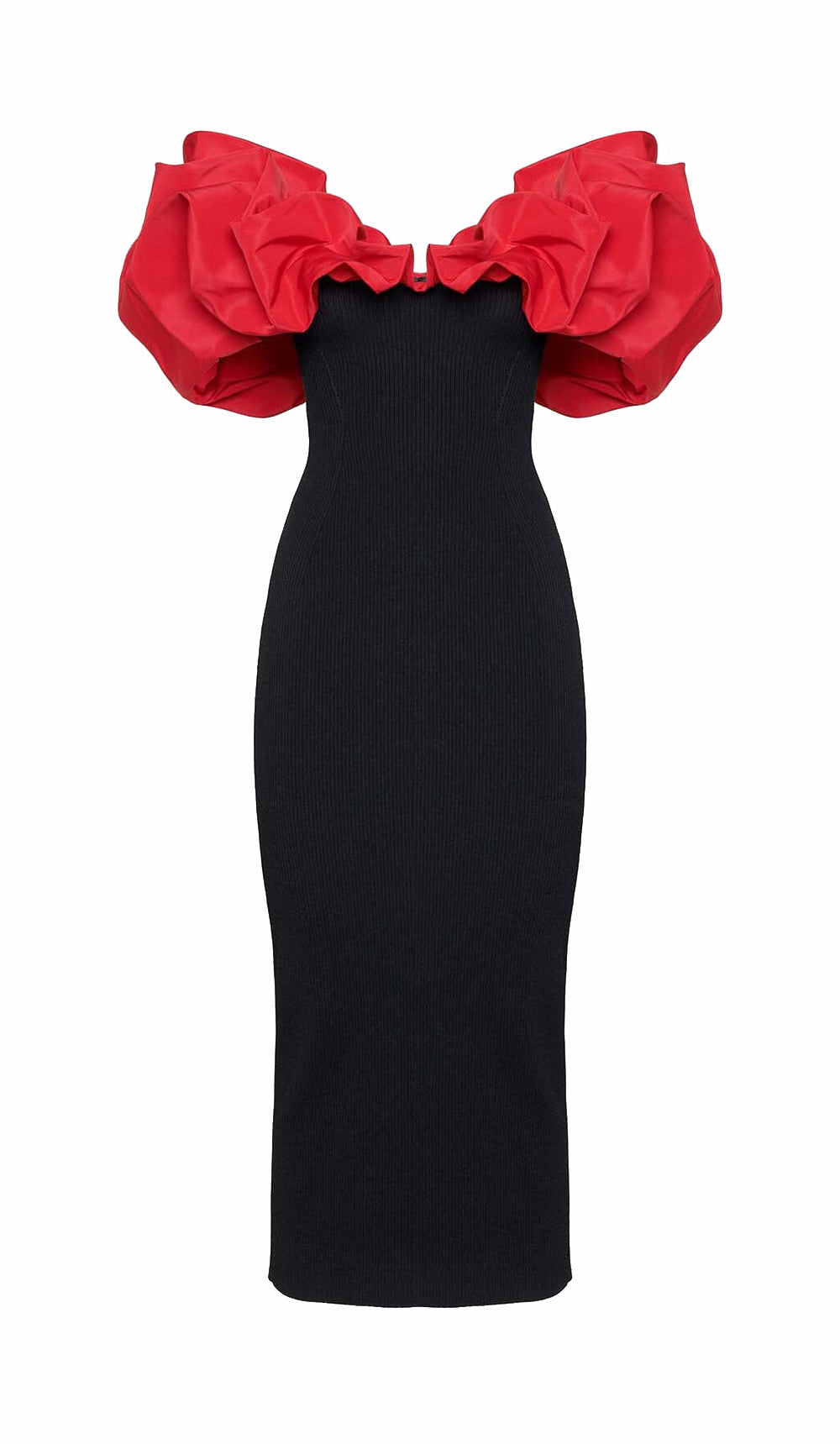 Ruffled Pencil Midi Dress In Black