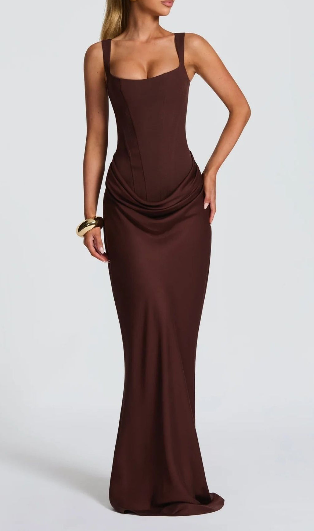 Keelia Luxe Brown Corset Maxi Dress | Elegant Ruched Gown for Special Occasions