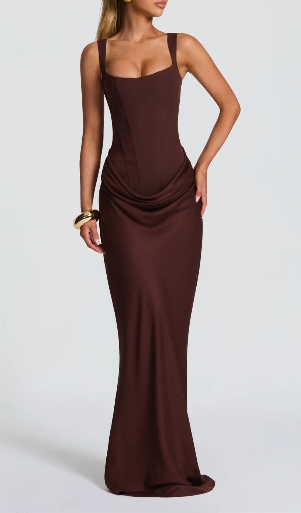 Keelia Luxe Brown Corset Maxi Dress | Elegant Ruched Gown for Special Occasions