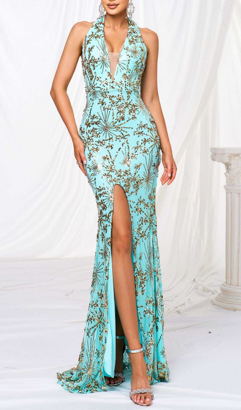 Fiadh Green Halter Sequin Slit Maxi Dress