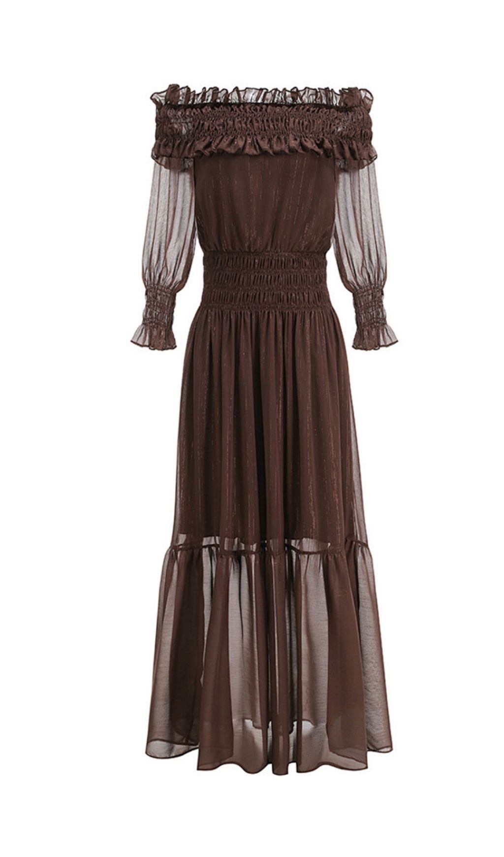 Tiffany Brown Off-shoulder Maxi Dress with Ruched Trim