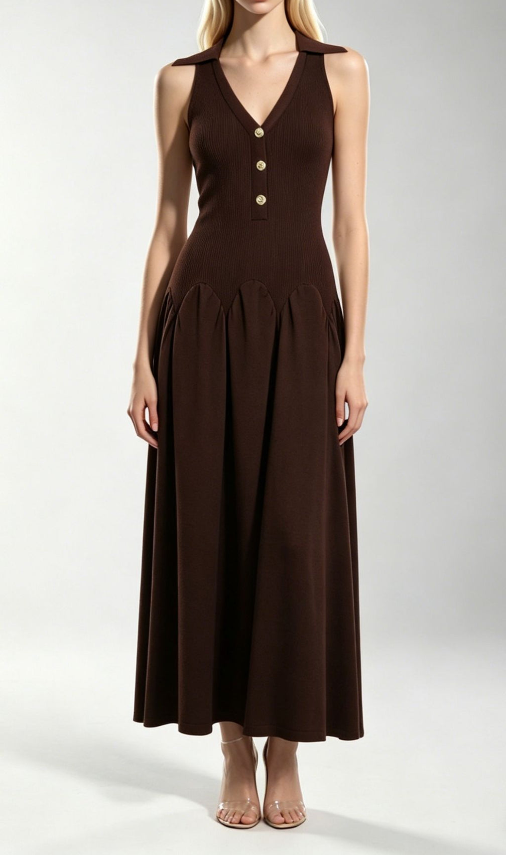 Kimi Coffee Sleeveless V-neck Knit Maxi Dress