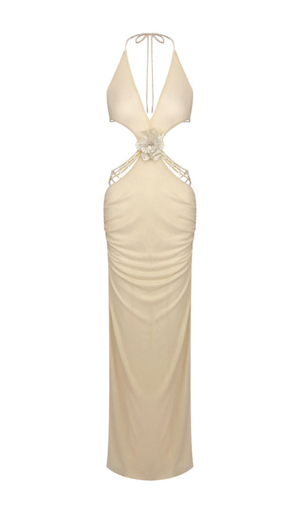 Julianna Gold Glamour: Halter Cutout Maxi Dress with Floral Embellishment