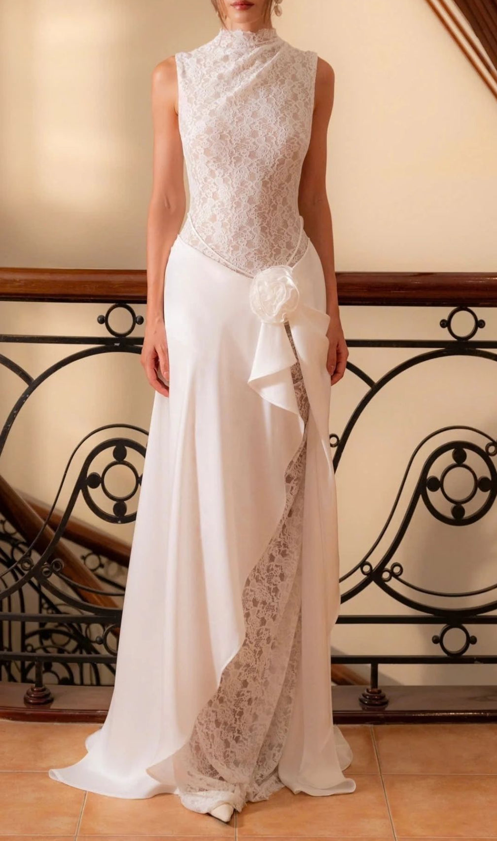 Jazmín Ethereal White Lace & Satin Maxi Dress - Modern Bridal, Gala & Special Occasion Gown