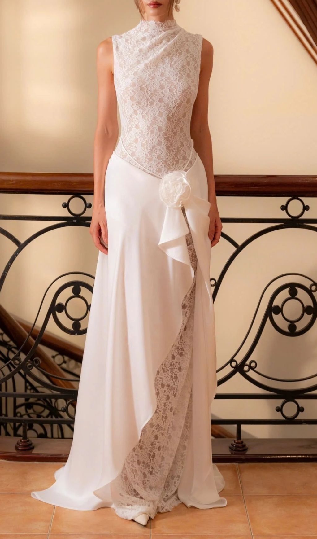Jazmín Ethereal White Lace & Satin Maxi Dress - Modern Bridal, Gala & Special Occasion Gown