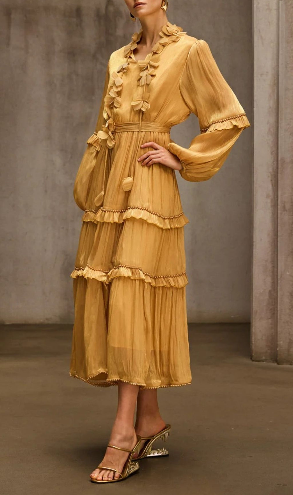Dzon Luxe Golden Tiered Midi Dress with 3D Floral Appliques & Ruffles