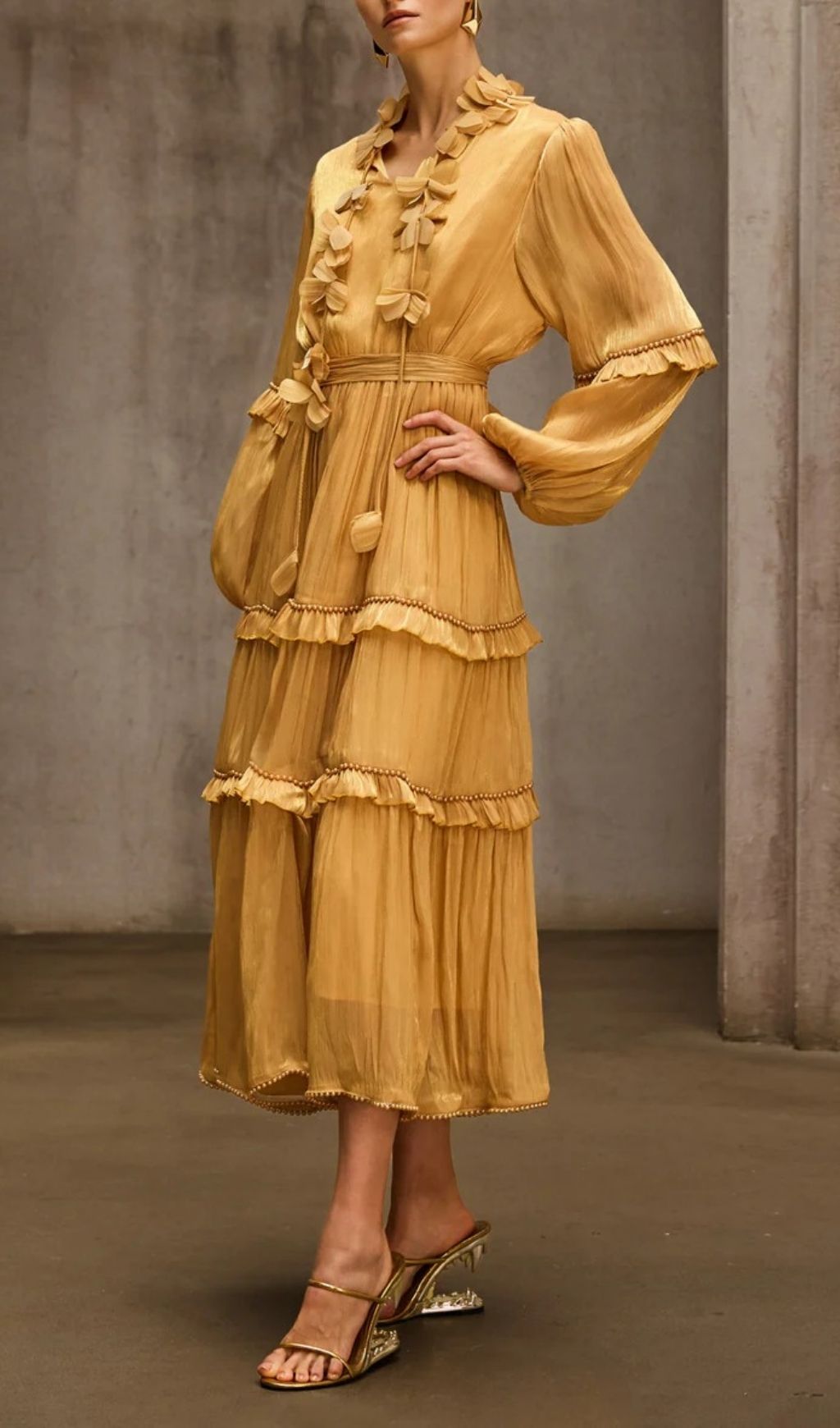 Dzon Luxe Golden Tiered Midi Dress with 3D Floral Appliques & Ruffles