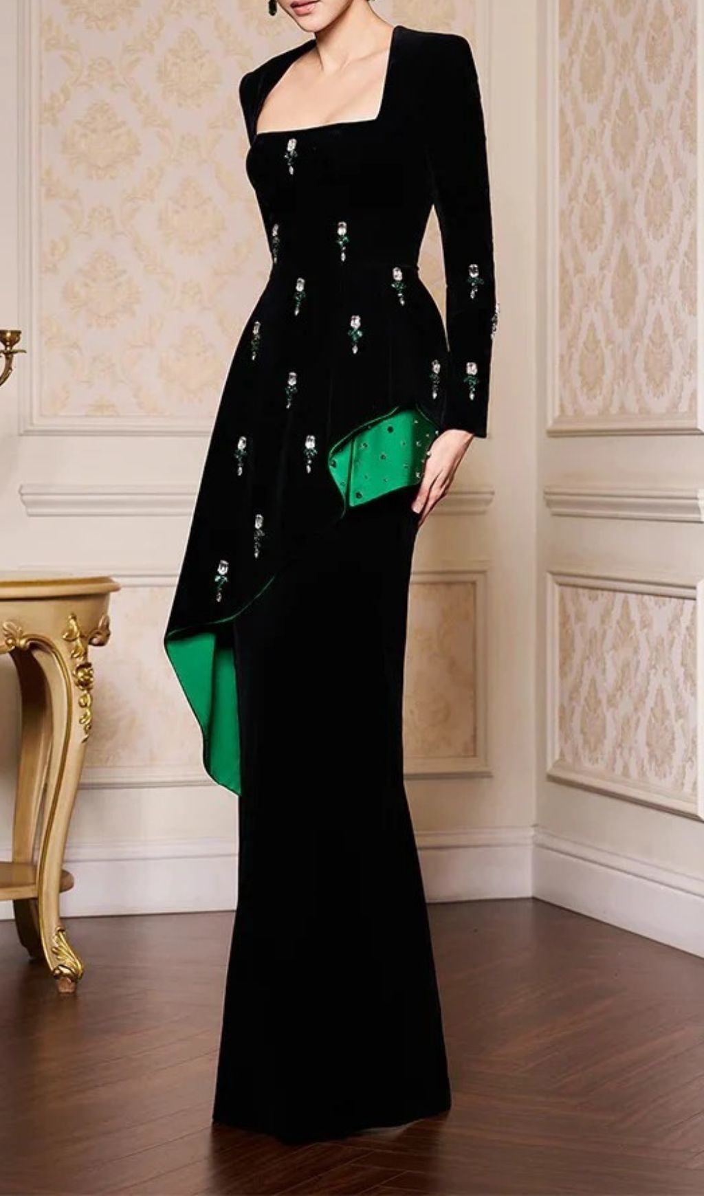 Hedya Black Velvet & Emerald Crystal Statement Maxi Gown | Long Sleeve Evening Dress