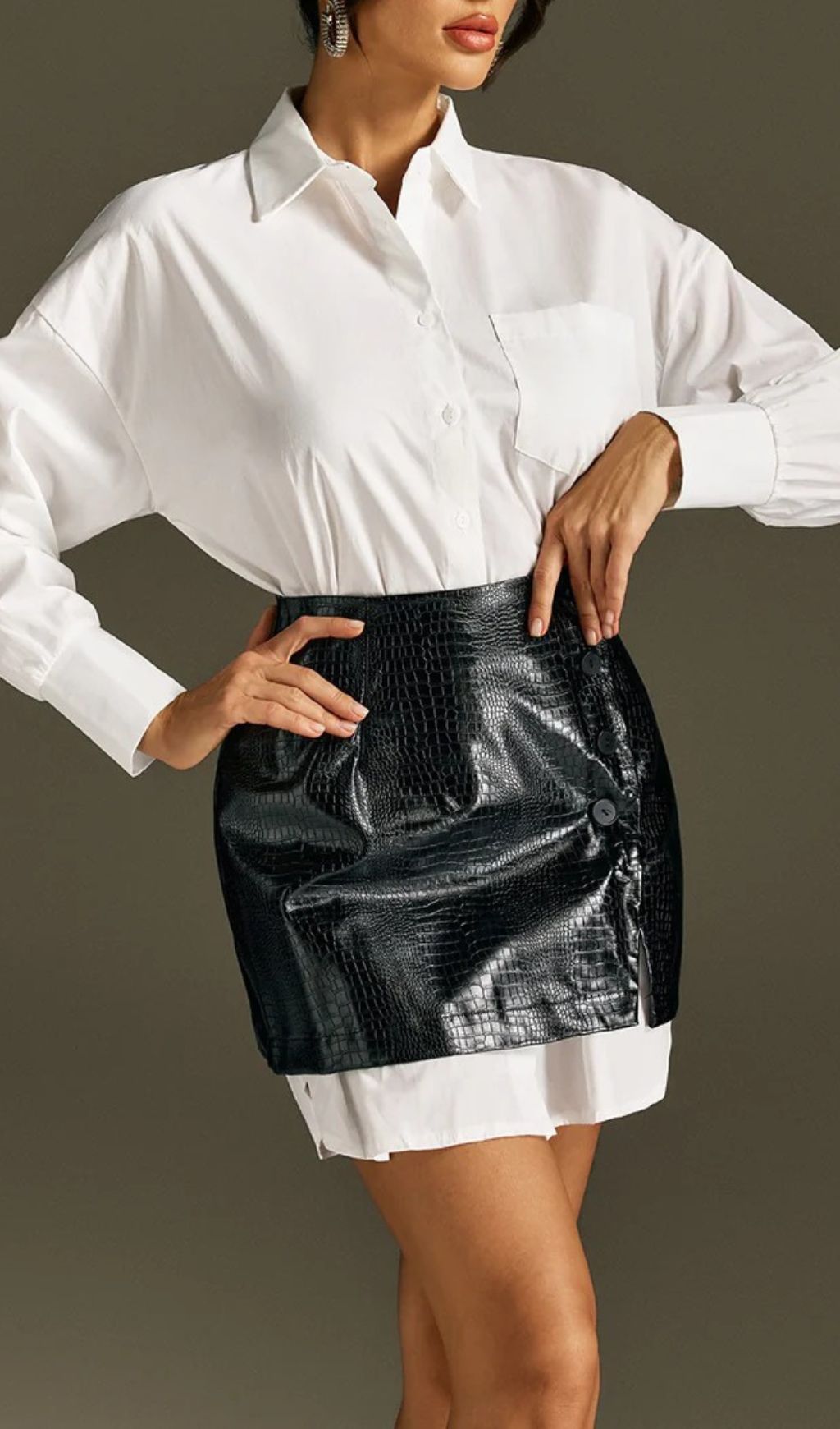 Chic White Button-Down Shirt & Croc Faux Leather Mini Skirt Set - Modern Womenswear