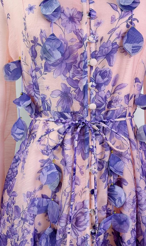 Karsyn Enchanted Garden Pink & Purple Floral Maxi Dress | 3D Petal Long Sleeve