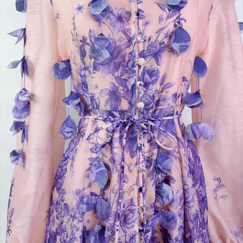 Karsyn Enchanted Garden Pink & Purple Floral Maxi Dress | 3D Petal Long Sleeve